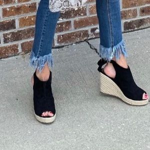 NWT new espadrille wedges black suede BOW BACK